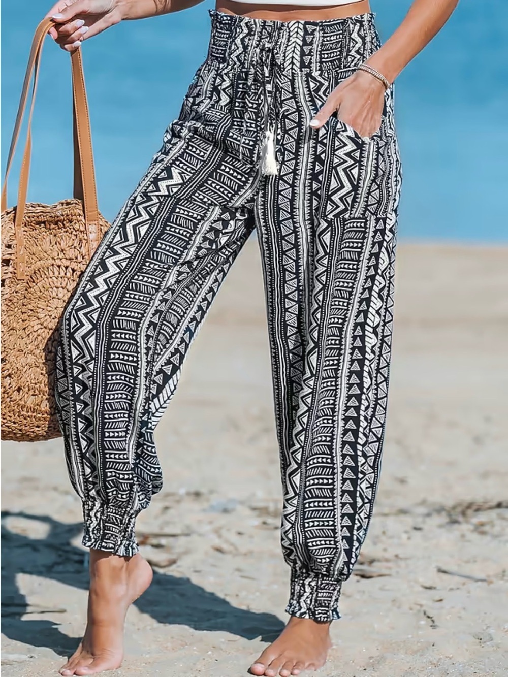 Cupshe Geometric Tassel Tie Tapered Leg Pants S